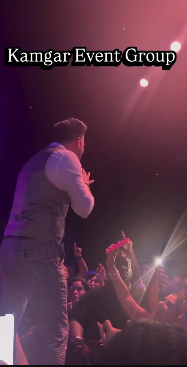 Man performing on stage at concert with audience raised hands visible under purple and pink lighting